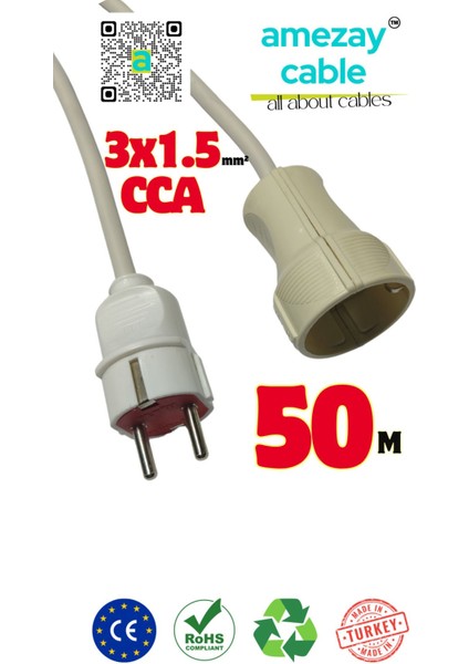 50 Metre Uzatma Kablosu Tek Prizli Cca 3x1.5mm² | Tamir Bakımda Yardımcı | Amezay Cable