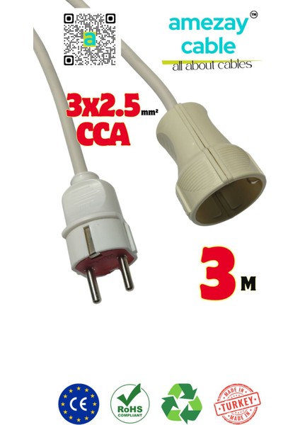 3 Metre Uzatma Kablosu Tek Prizli Cca 3x2.5mm² | Her Iş Yerine Şart | Amezay Cable
