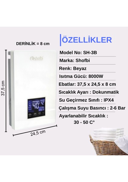 Akıllı Dijital Sıcaklık Ayarlı Şofben Sh-3B Beyaz Klasik Sh-3b modelleri