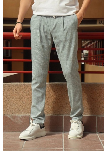 Erkek, pile detaylı beli bağcıklı-lastikli, pamuklu pantolon