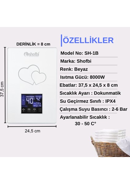 Akıllı Dijital Sıcaklık Ayarlı Şofben Sh-1b Beyaz Kalp fiyatları