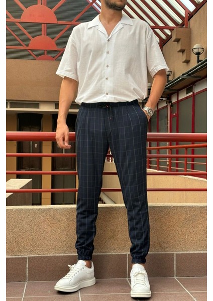 Erkek, bel bağcıklı, ekose desenli, Esnek kumaş, Pile detaylı, Jogger pantolon 24INP199K