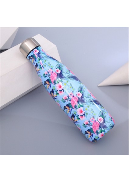 Hayvanlar Bitkiler Desen Termal Bardak Vakum Şişesi Isı Su Şişesi Taşınabilir Paslanmaz Çelik Spor Su Isıtıcısı, Kapasite: 500ML (Mavi Flamingo) (Yurt Dışından)