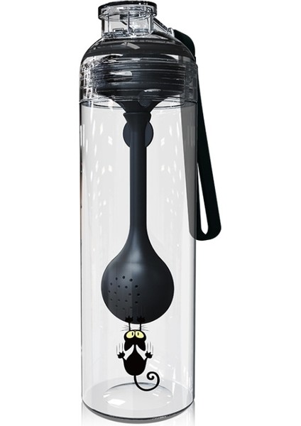 Karikatür Kedi Desen Çay Su Ayrımı Kaşıkla Plastik Kupa (Siyah) (Yurt Dışından)