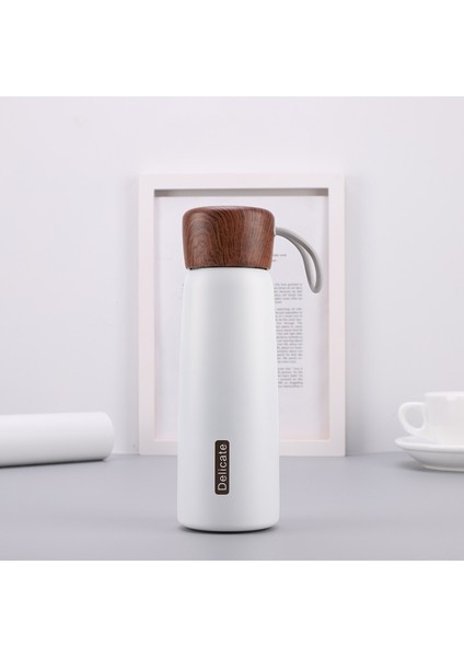 Hassas 304 Paslanmaz Çelik Ahşap Tahıl Termos Kupası, Kapasite: 400ML (Beyaz) (Yurt Dışından)