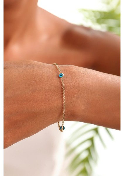 14 Ayar Altın Doç Zincirli Çift Gözlü Bileklik