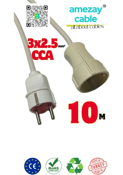 10 Metre Uzatma Kablosu Tek Prizli Cca 3x2.5mm² | Tamir Bakımda Yardımcı | Amezay Cable