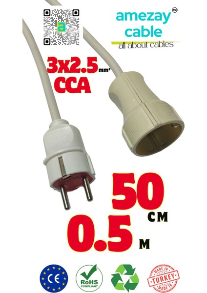 50 Santim Uzatma Kablosu Tek Prizli Cca 3x2.5mm² | Kısa Mesafe Atlatma Kablosu| Amezay Cable