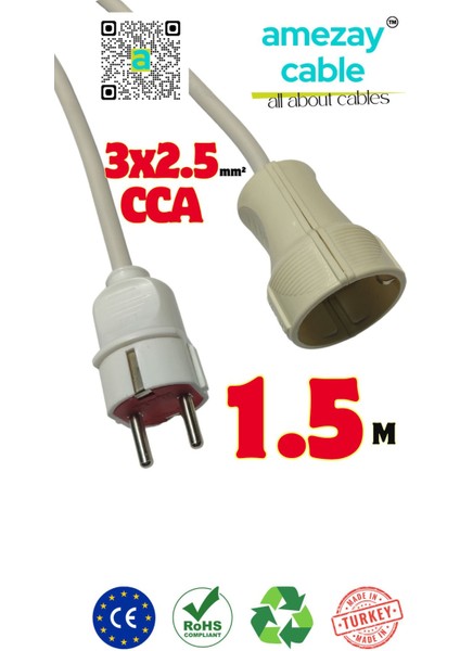 1.5 Metre Uzatma Kablosu Tek Prizli Cca 3x2.5mm² | Elinin Altında Bulunsun | Amezay Cable
