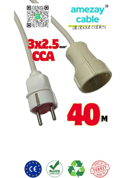 40 Metre Uzatma Kablosu Tek Prizli Cca 3x2.5mm² | Tamir Bakımda Yardımcı | Amezay Cable
