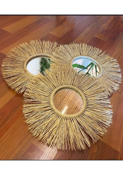 Doğal Rafya Duvar Suslemeleri Ayna Set 3 Lü