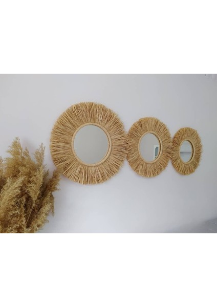 Doğal Rafya Duvar Suslemeleri Ayna Set 3 Lü modelleri