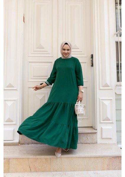 Kadın Kat Kat Ribanalı Yeşil Tesettür elbise modelleri