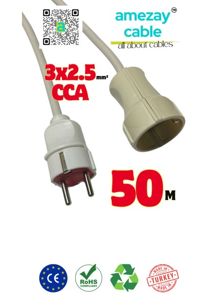 50 Metre Uzatma Kablosu Tek Prizli Cca 3x2.5mm² | Tamir Bakımda Yardımcı | Amezay Cable