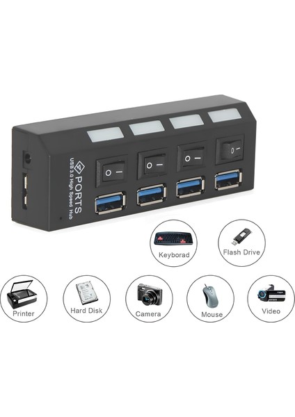 USB 3.0 4 Port Hub ⚡ Hızlı Çoğaltıcı Çoklayıcı Anahtarlı USB Çoklayıcı