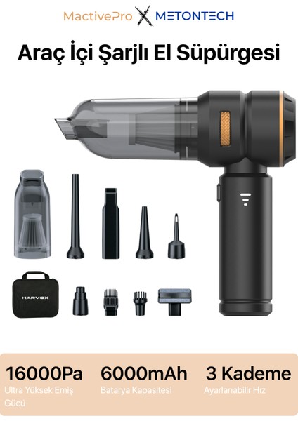 Araç İçi Şarjlı El Süpürgesi Taşınabilir Kablosuz| 16000PA Yüksek Emiş Gücü | Çok Fonksiyonlu Kullanım Siyah
