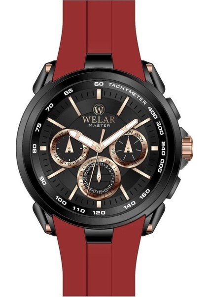 WEL5258-6 Siyah Kadran ve Silikon Kırmızı Kordon Siyah Kaplama Erkek Kol Saati