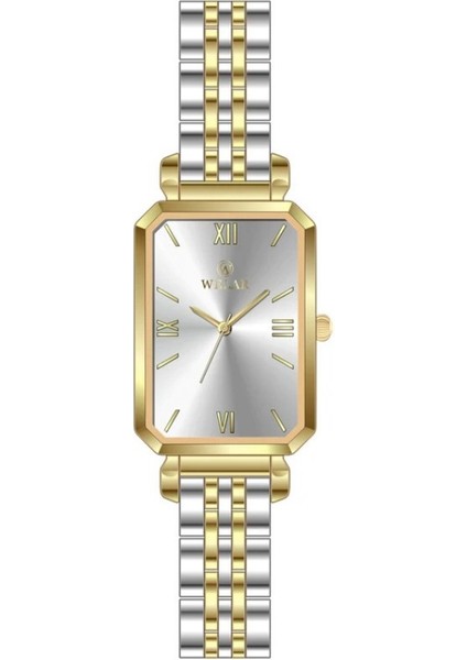WEL2402-3 Dikdörtgen Kasa Tasarımı Gold Gümüş Renk Kordon Paslanmaz Çelik Kadın Kol Saati