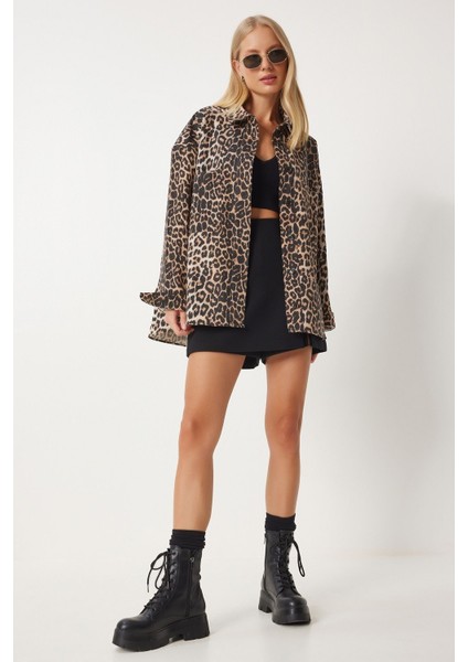 Kadın Vizon Siyah Leopar Desenli Gabardin Gömlek
