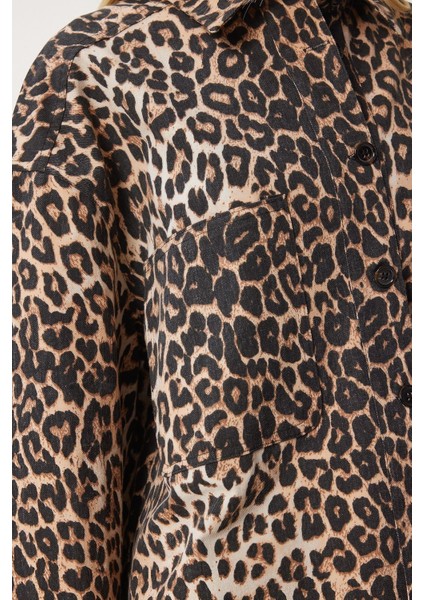 Kadın Vizon Siyah Leopar Desenli Gabardin Gömlek modelleri