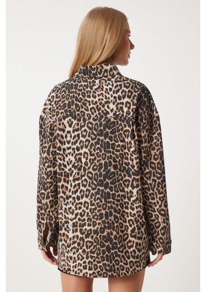 Kadın Vizon Siyah Leopar Desenli Gabardin Gömlek fırsatları