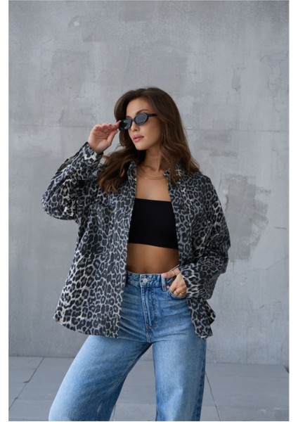 Kadın Gri Siyah Leopar Desenli Gabardin Gömlek fiyatları