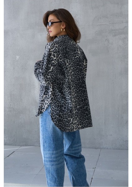 Kadın Gri Siyah Leopar Desenli Gabardin Gömlek modelleri