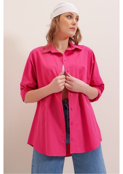 Kadın Fuşya Oversize Uzun Basic Gömlek GM5000 modelleri
