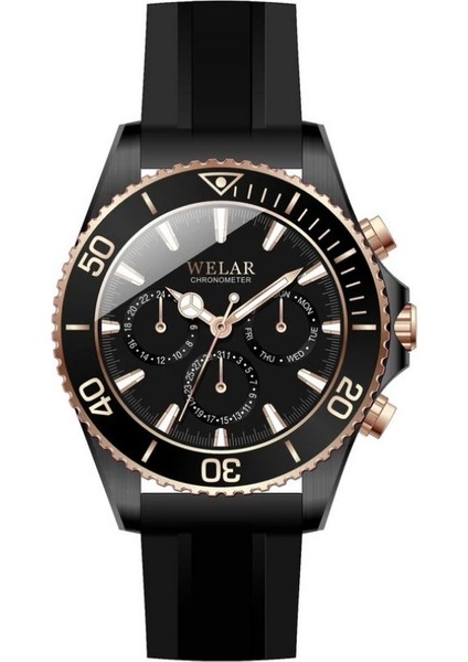 WEL3405-3 Siyah Kadran ve Siyah Silikon Kordon Çelik Erkek Kol Saati