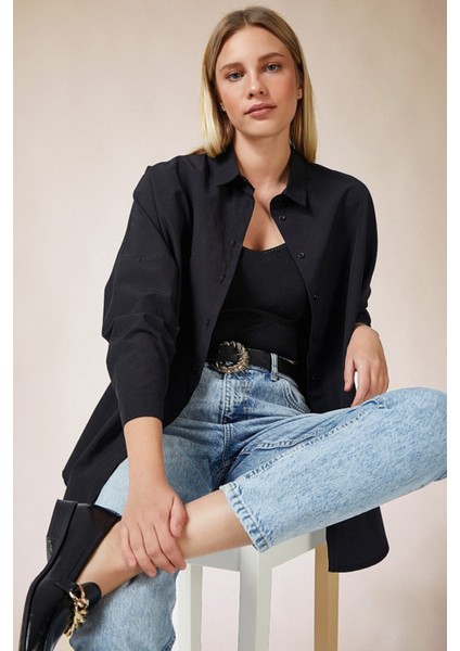 Kadın Siyah Oversize Uzun Basic Gömlek