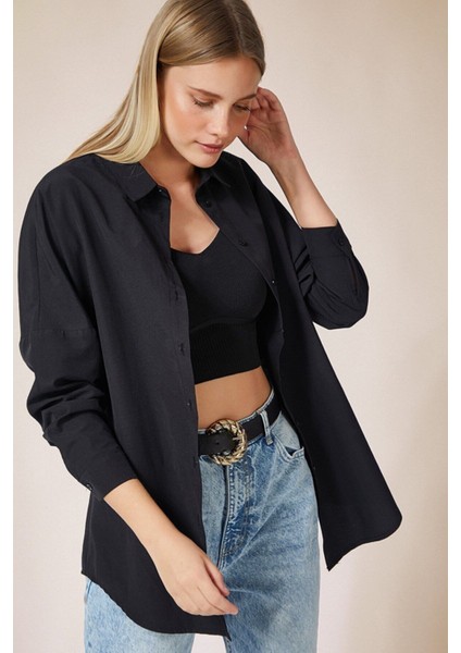 Kadın Siyah Oversize Uzun Basic Gömlek fiyatları