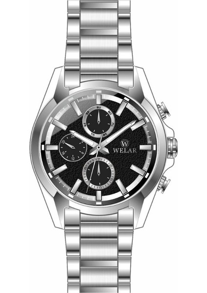 WEL3443-1 Fonksiyonlu Siyah Kadran ve Gümüş Kordon Paslanmaz Çelik Erkek Saati