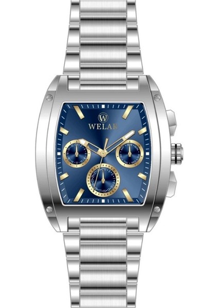 WEL3403-13 Fonksiyonlu Dikdörtgen Kasa Lacivert Kadran ve Gümüş Kordon Çelik Erkek Kol Saati