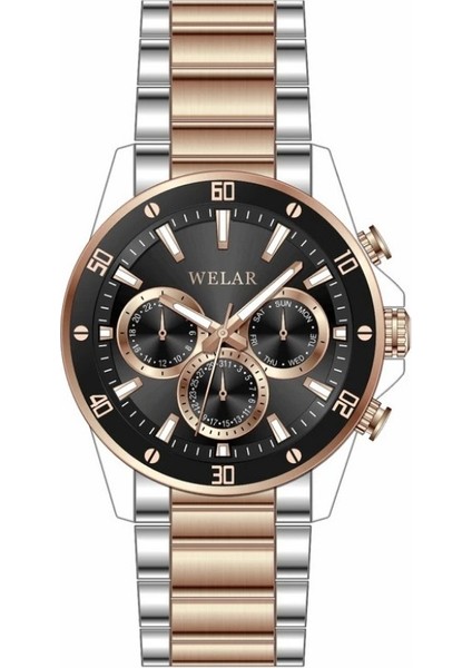 WEL3418-4 Fonksiyonlu Rose Gümüş Kordon ve Siyah Kadran Çelik Erkek Kol Saati