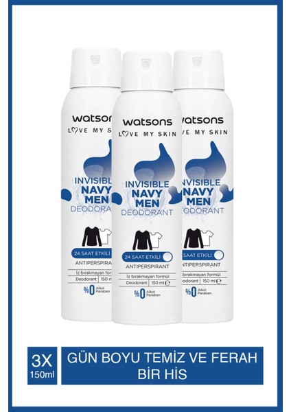 Invisible Navy Men Deodorant 150 Ml X3 Adet
