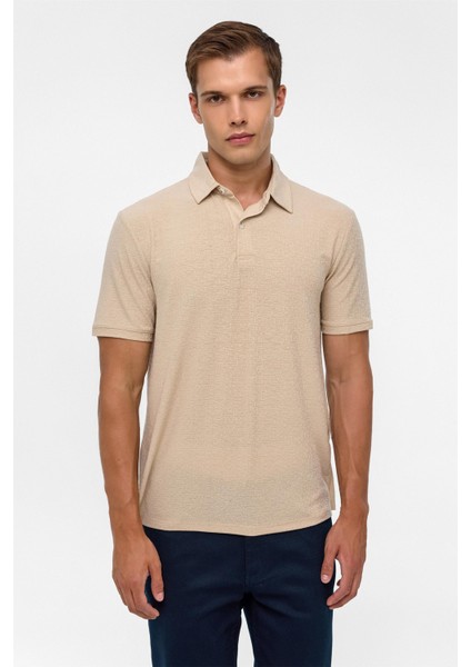 Bej Regular Düz Polo Yaka Tişört