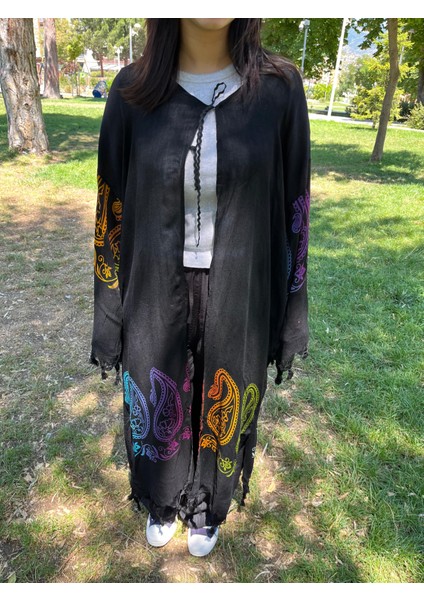 Renkli Desenli Siyah Kaftan Kimono – Plaj ve Günlük Kullanıma Uygun fırsatları