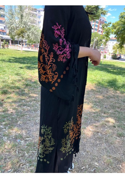 Siyah Renkli Desenli Uzun Kaftan – Pamuklu Püsküllü Plaj ve Günlük Kimono fiyatları