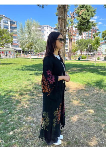 Siyah Renkli Desenli Uzun Kaftan – Pamuklu Püsküllü Plaj ve Günlük Kimono fırsatları