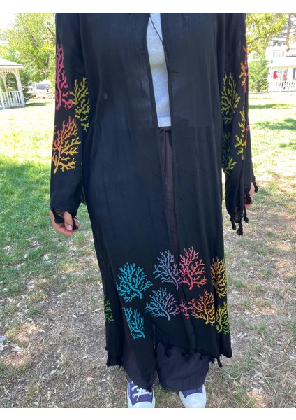 Renkli Desenli Siyah Kaftan Kimono – Plaj ve Günlük Kullanıma Uygun fiyatları