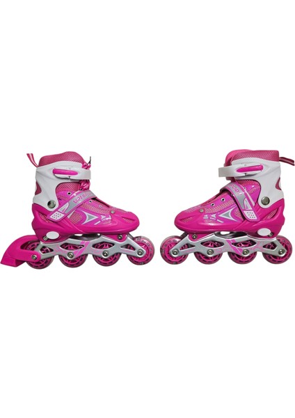 Çocuk Pateni Işıklı Çantalı Numara Ayarlanabilen Tek Sıra ve 2+1+1 Teker Paten Pembe Medium 34-37