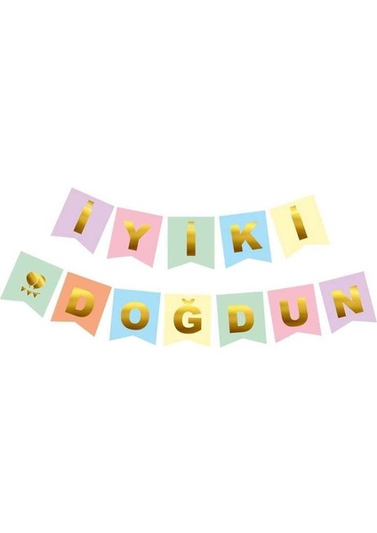 Iyi Ki Doğdun Banner Makaron Renkler Üstüne Gold Altın Varaklı Yazı, Karton Doğum Günü Yazısı Flama fırsatları
