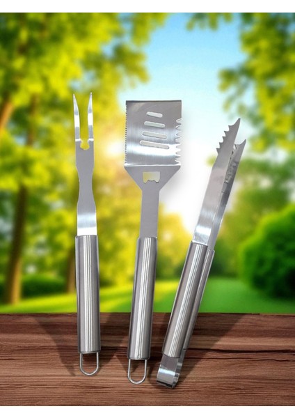 3 Parça Mangal Aksesuar Seti Paslanmaz Çelik Barbekü Set Maşa Spatula Çatal 43CM