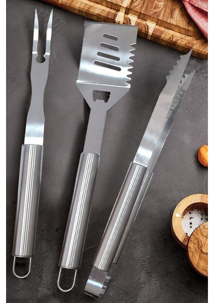 3 Parça Mangal Aksesuar Seti Paslanmaz Çelik Barbekü Set Maşa Spatula Çatal 43CM fiyatları