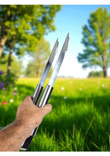 3 Parça Mangal Aksesuar Seti Paslanmaz Çelik Barbekü Set Maşa Spatula Çatal 43CM indirimleri