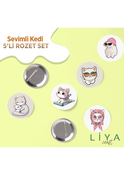 5 Adet Sevimli Kedi Temalı Rozet