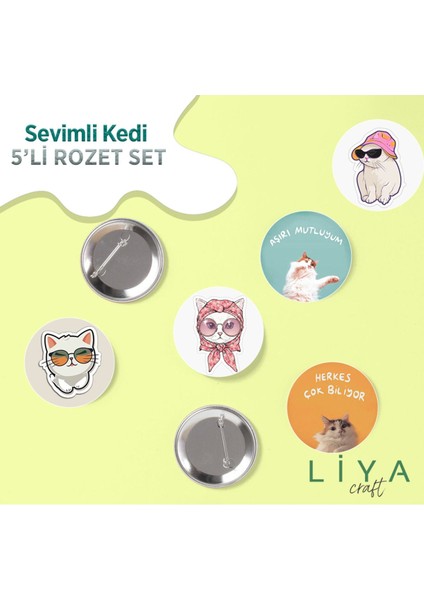 5 Adet Sevimli Kedi Temalı Rozet 3