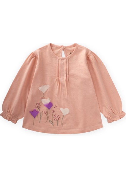Çiçek Nakışlı Uzun Kollu T-Shırt 1-7 Yaş Yavruağzı