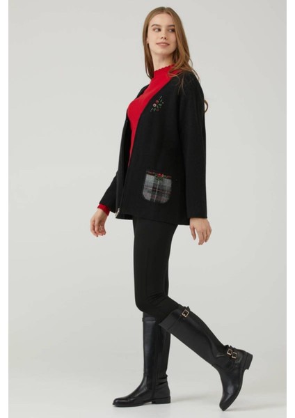 Kadın Çiçek Nakışlı Cepli Fermuarlı Triko Ceket - Siyah fiyatları