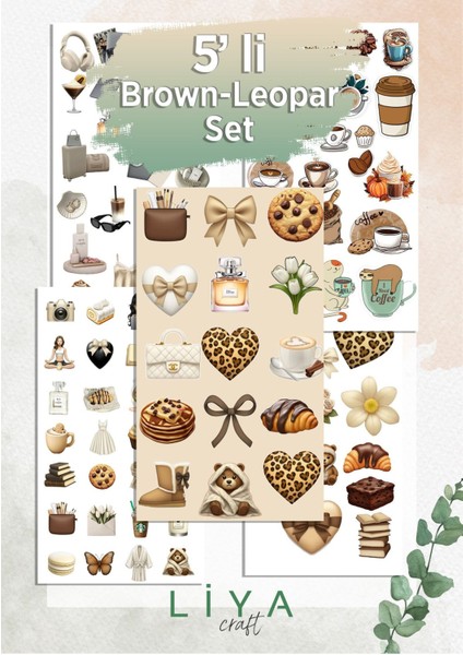 5'li Brown-Kahverengi-Leopar Sticker Set Planner Ajanda Bullet Journal Için Uygun Set